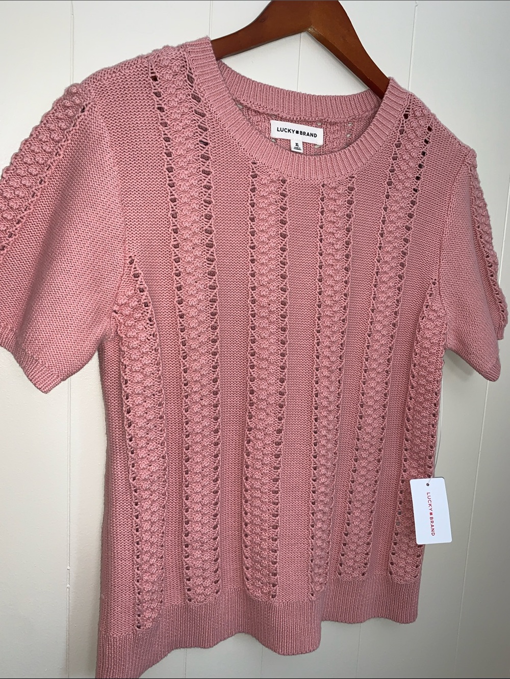 Lucky Brand Dusty Rose Openwork Knit Short Sleeve Top